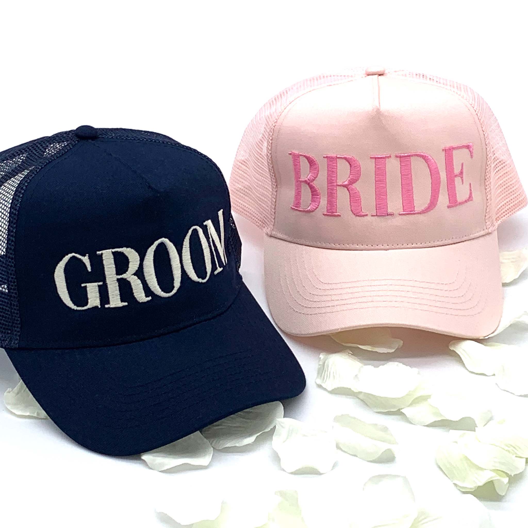 Navy and Pink Trucker cap with Bride and Groom embroidered on the front